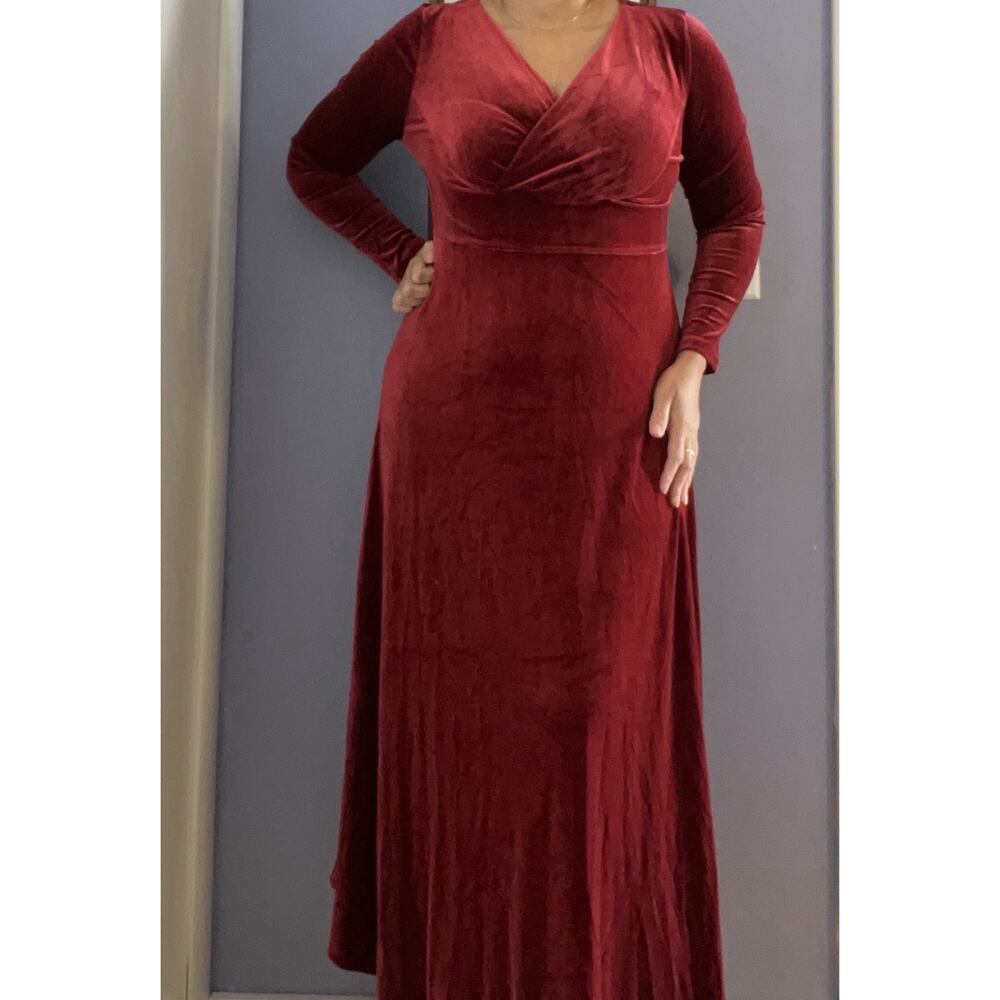 Red Velvet Long Dress Leadinstar v Neck Long Dleeve Lady In Red L Party